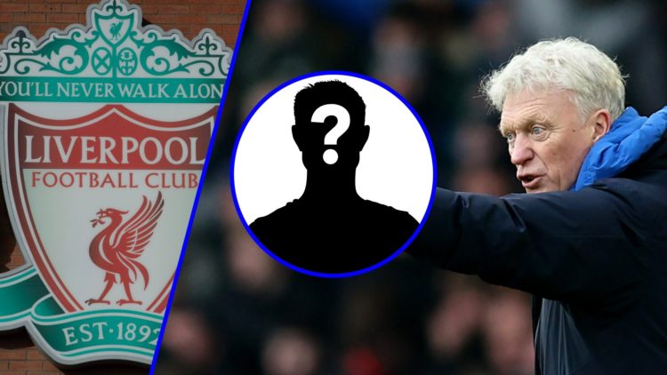 Everton manager David Moyes gestures (right), Liverpool badge (left), mystery player (inset)
