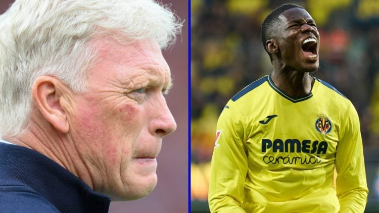 Split image of Everton manager David Moyes looking on and Villarreal striker Thierno Barry celebrating.