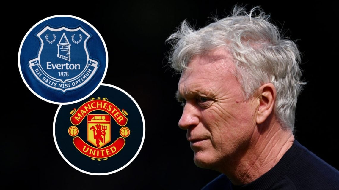Everton manager David Moyes looks on (right), Everton badge (upper inset), Manchester United badge (lower inset)