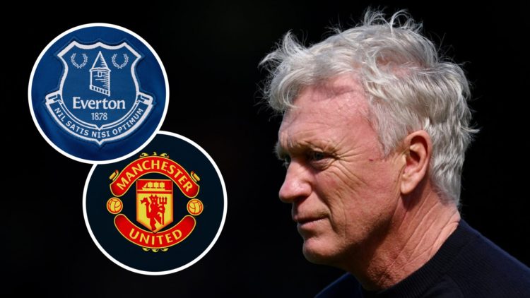 Everton manager David Moyes looks on (right), Everton badge (upper inset), Manchester United badge (lower inset)