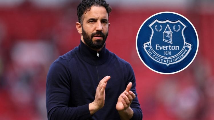 Manchester United manager Ruben Amorim. Inset of Everton badge.