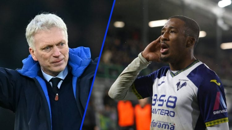Everton manager David Moyes gives two thumbs up (left), Jackson Tchatchoua playing for Hellas Verona (right)