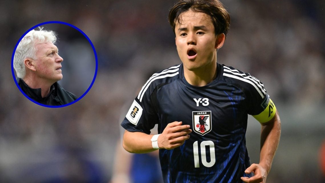 Real Sociedad winger Takefusa Kubo in action for Japan. Inset, Everton manager David Moyes looking on.