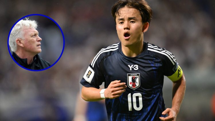 Real Sociedad winger Takefusa Kubo in action for Japan. Inset, Everton manager David Moyes looking on.