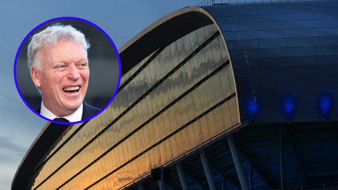 A general view of the Hill Dickinson Stadium (central) Everton manager David Moyes laughing (inset)