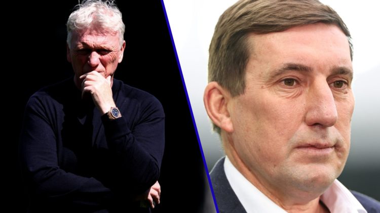 Split image of David Moyes watching on as Everton manager and former Everton defender Alan Stubbs.