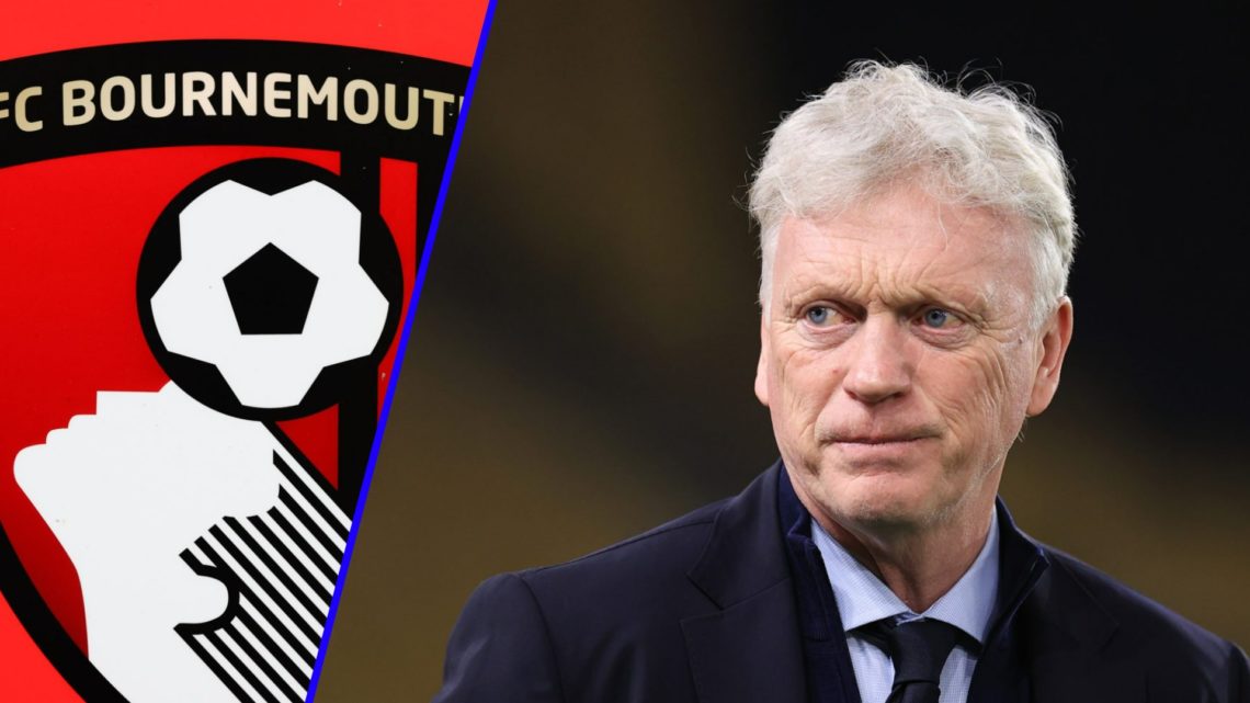 The Bournemouth badge (left), Everton manager David Moyes looks on (right)