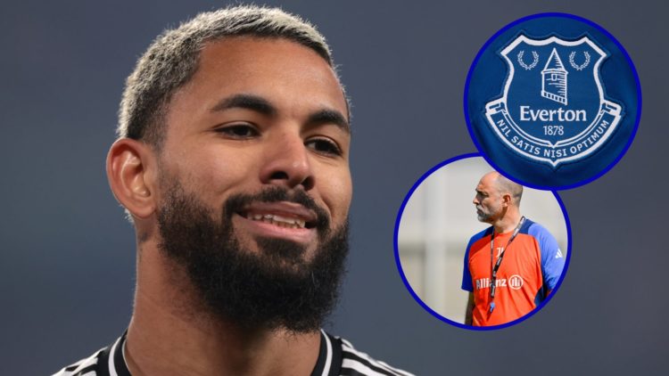 Juventus midfielder Douglas Luiz smiling. Inset. Juventus boss Igor Tudor watches training session. Inset, Everton badge.