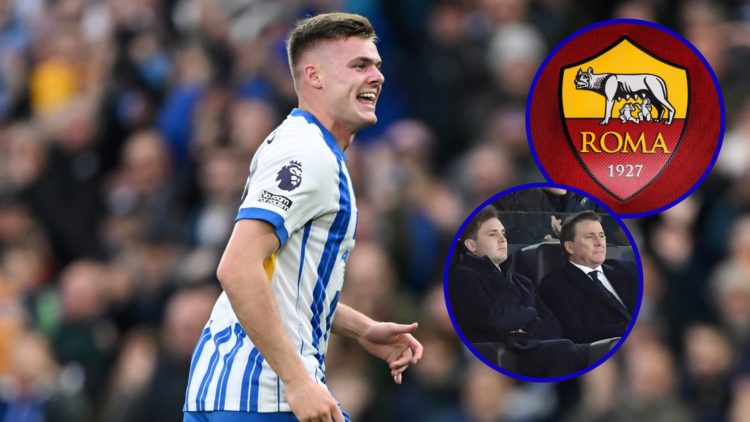 Evan Ferguson in action for Brighton & Hove Albion. Inset, Dan and Ryan Friedkin. Inset, Roma badge.