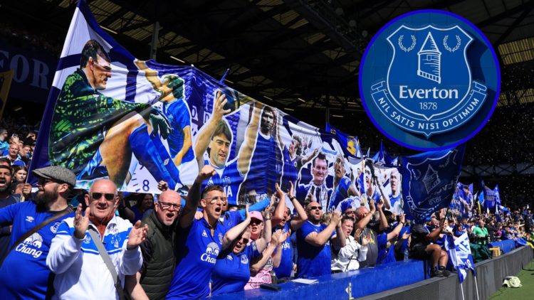 Everton fans hold up banners at Goodiosn Park. Inset, image of Everton badge on side of Goodison.