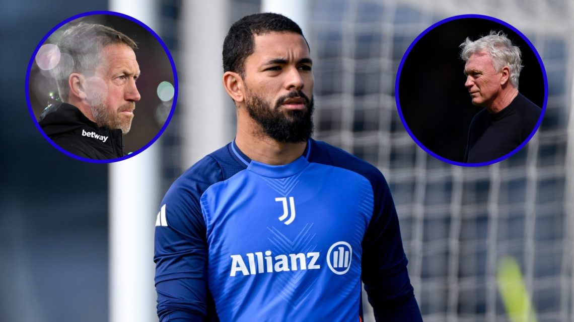 Juventus midfielder Douglas Luiz in training. Inset, West Ham manager Graham Potter. Inset, Everton boss David Moyes.
