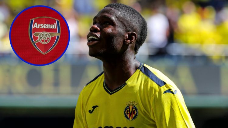 Thierno Barry looks on during LaLiga match as Villarreal striker. Inset, Arsenal badge.