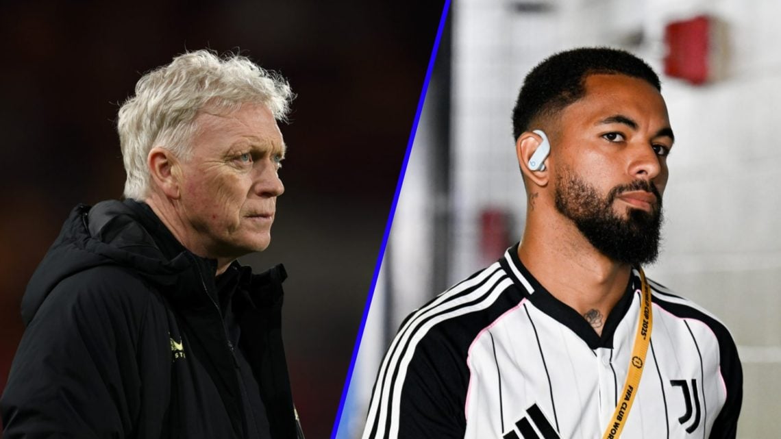 Everton manager David Moyes looks on (left), Douglas Luiz ahead of playing for Juventus (right)