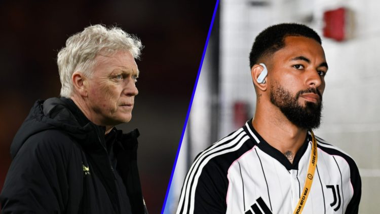 Everton manager David Moyes looks on (left), Douglas Luiz ahead of playing for Juventus (right)