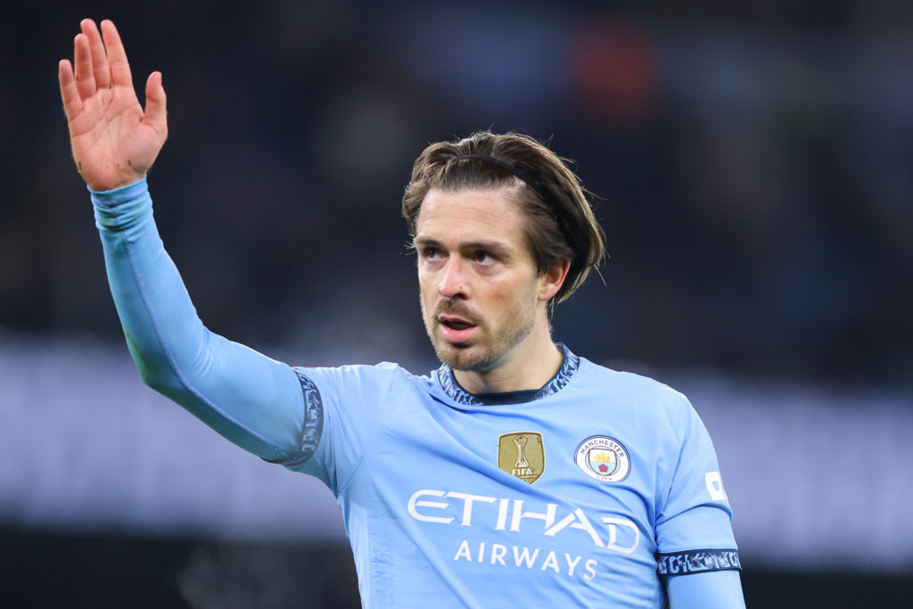 Jack Grealish celebrates scoring in FA Cup for Man City.