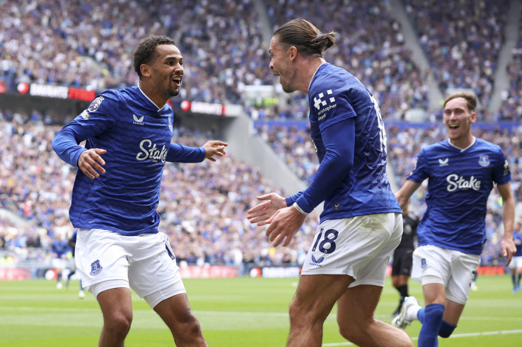 Jack Grealish and Iliman Ndiaye celebrate during Everton vs Brighton.