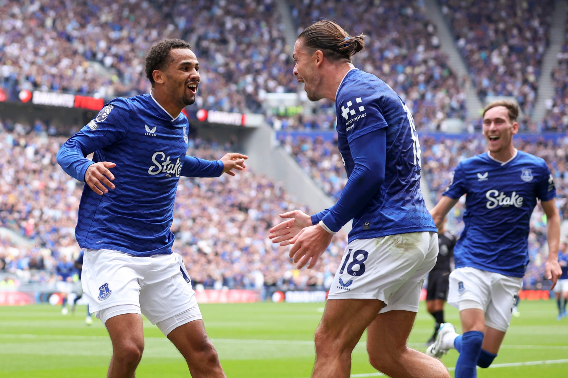 Jack Grealish and Iliman Ndiaye celebrate during Everton vs Brighton.