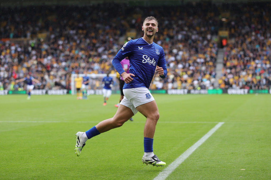 Kiernan Dewsbury-Hall celebrates after scoring during Wolves vs Everton.