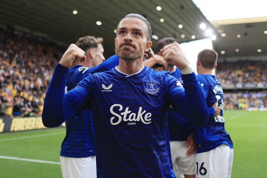 Jack Grealish celebrates for Everton.