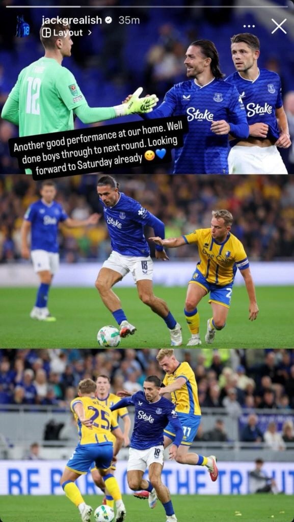 Jack Grealish Instagram post following Everton's win over Mansfield.