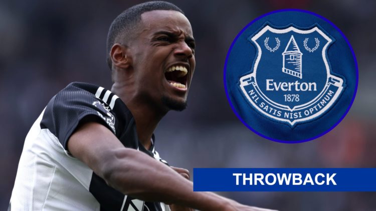 Newcastle United striker Alexander Isak celebrates. Inset, Everton badge.