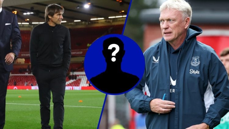 Antonio Conte as Tottenham Hotspur manager. Inset, Everton boss David Moyes looking on.