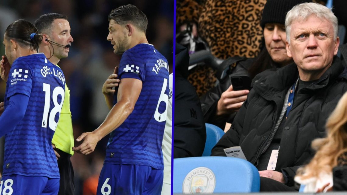 Referee Chris Kavanagh and Everton defender James Tarkowski argue. Inset, David Moyes at Man City.