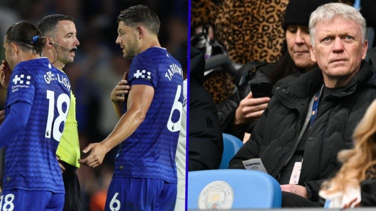 Referee Chris Kavanagh and Everton defender James Tarkowski argue. Inset, David Moyes at Man City.