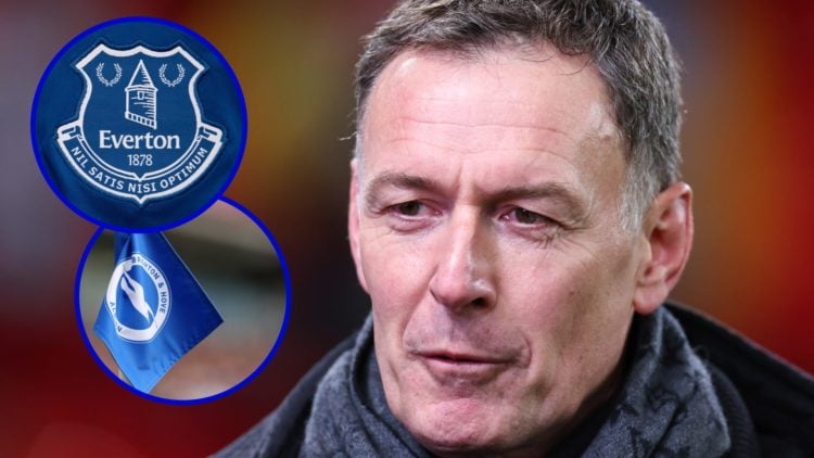 Pundit Chris Sutton speaking. Inset, Everton badge. Inset, Brighton badge on corner flag.