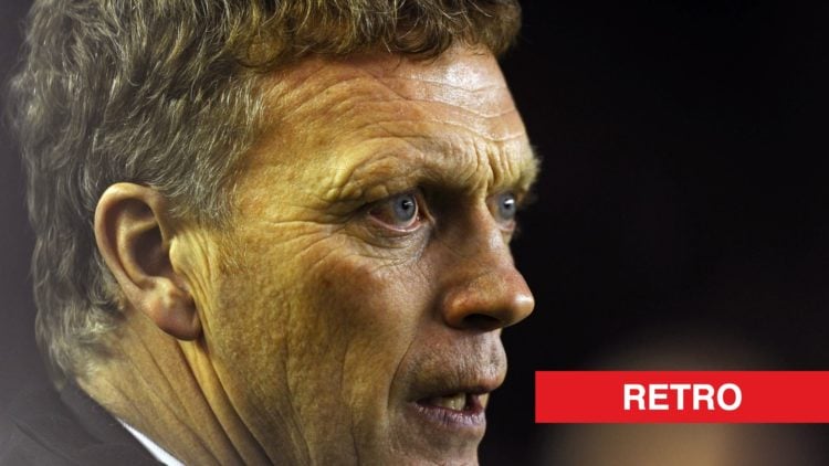 Everton manager David Moyes. Inset of retro banner.