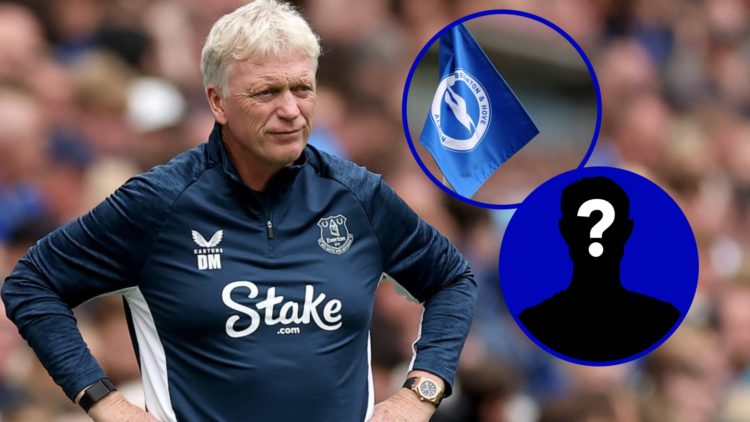 Everton manager David Moyes. Inset, Brighton badge. Inset, EN mystery player.