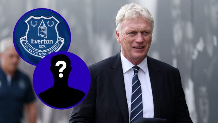 Everton manager David Moyes. Inset, Everton badge. Inset, EN mystery player icon.