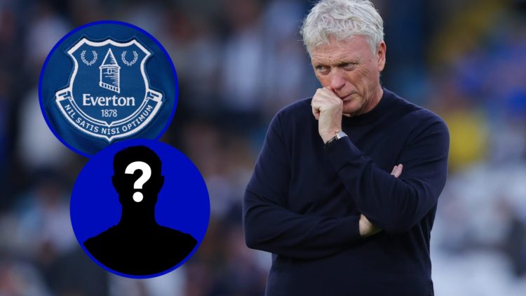 Everton manager David Moyes. Inset, Everton badge. Inset, EN mystery player icon.