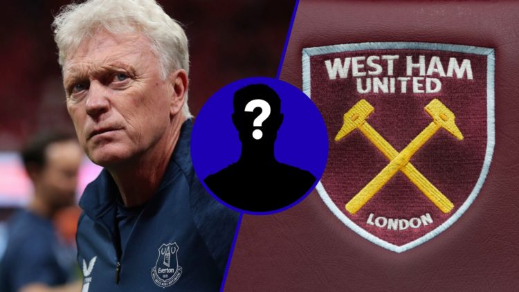 Split image of Everton manager David Moyes and West Ham badge. Inset, EN mystery player.