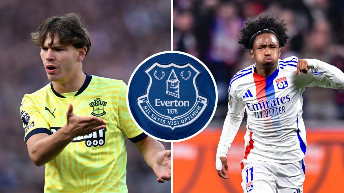 Tyler Dibling and Malick Fofana. Inset of Everton badge.