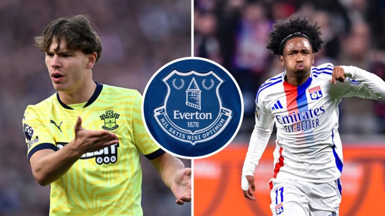 Tyler Dibling and Malick Fofana. Inset of Everton badge.