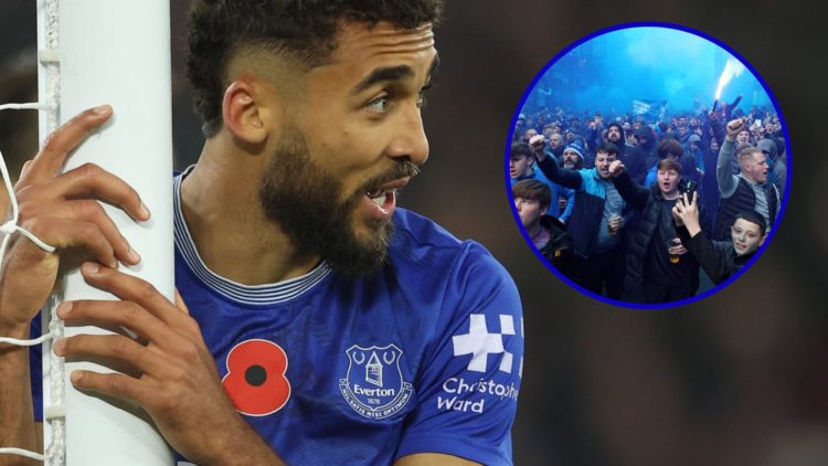 Former Everton striker Dominic Calvert-Lewin. Inset, Everton fans in the streets.