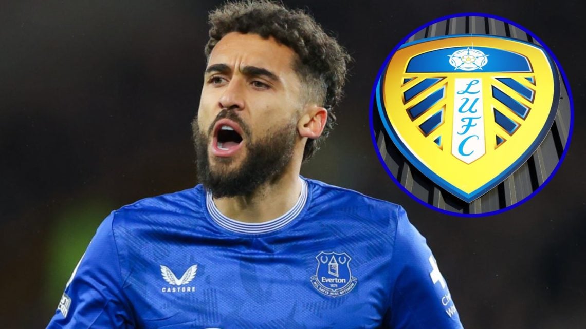 Everton striker Dominic Calvert-Lewin. Inset, Leeds Untied badge on side of Elland Road.