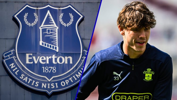 A split image of Everton badge on Goodison Park and Tyler Dibling warms up for Southampton.