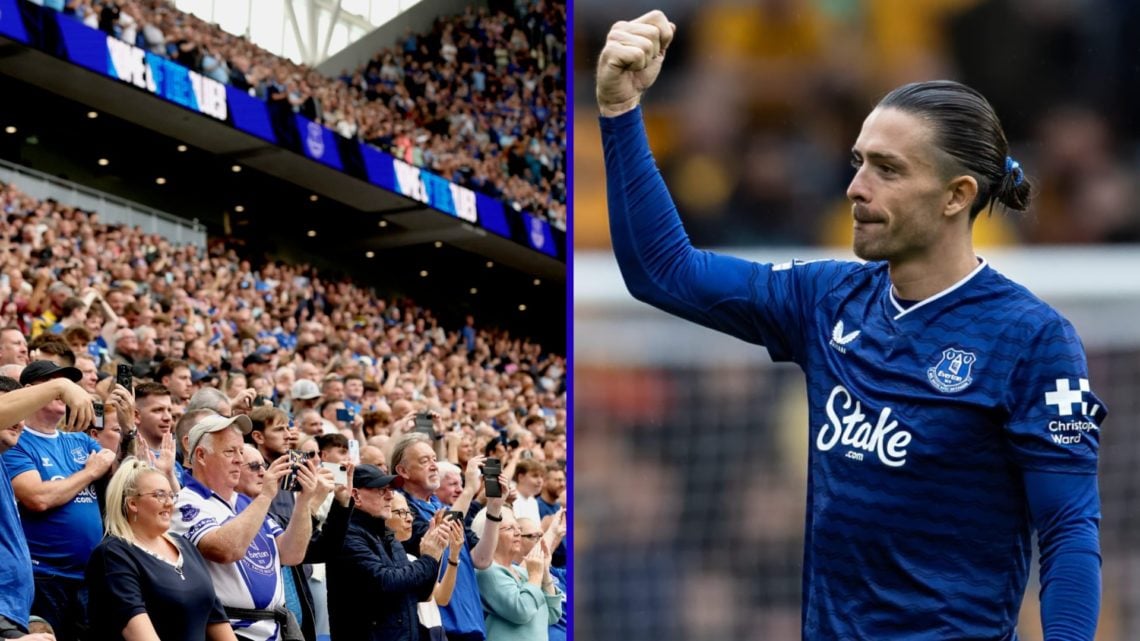 Split image of Everton fans at the Hill Dickinson Stadium and Jack Grealish celebrating after Everton win.