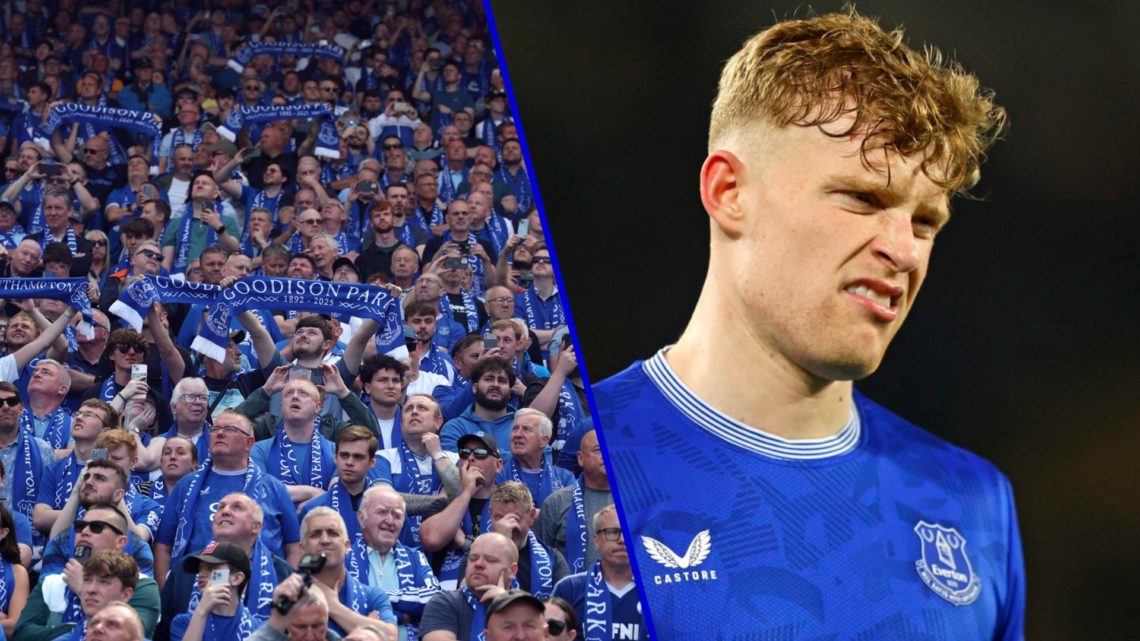 Split image of Everton fans at the final game of Goodison Park and Jarrad Branthwaite reacts whilst playing for Everton.