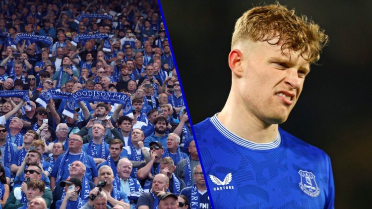Split image of Everton fans at the final game of Goodison Park and Jarrad Branthwaite reacts whilst playing for Everton.