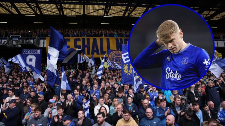 Everton fans at Goodison Park. Inset, Jarrad Branthwaite looks concerned playing for Everton.