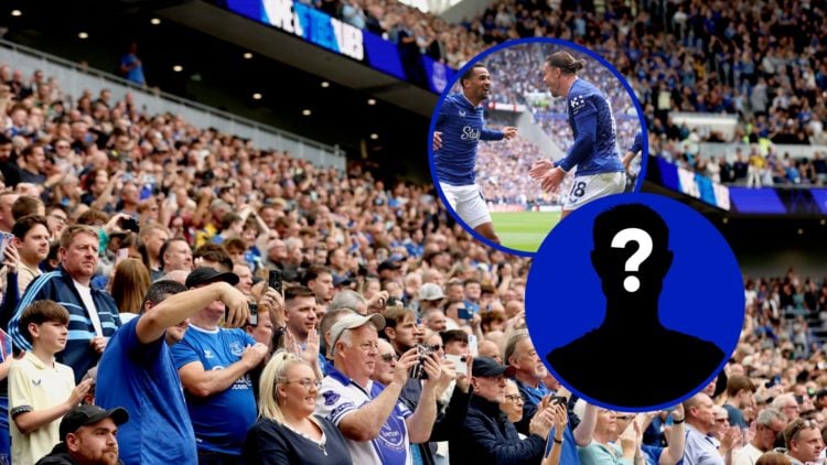 Everton fans at the Hill Dickinson Stadium. Inset, Jack Grealish and Iliman Ndiaye celebrate. Inset, EN mystery player.