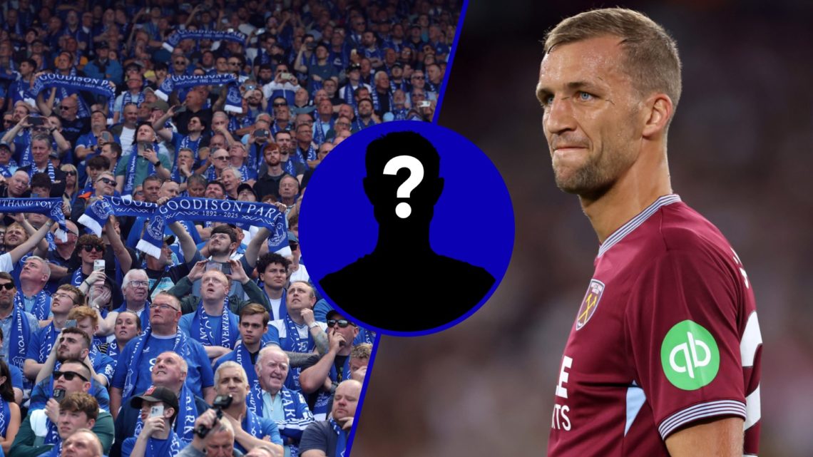 Split image of Everton fans at Goodison Park and West Ham's Tomas Soucek. Inset, EN mystery player.