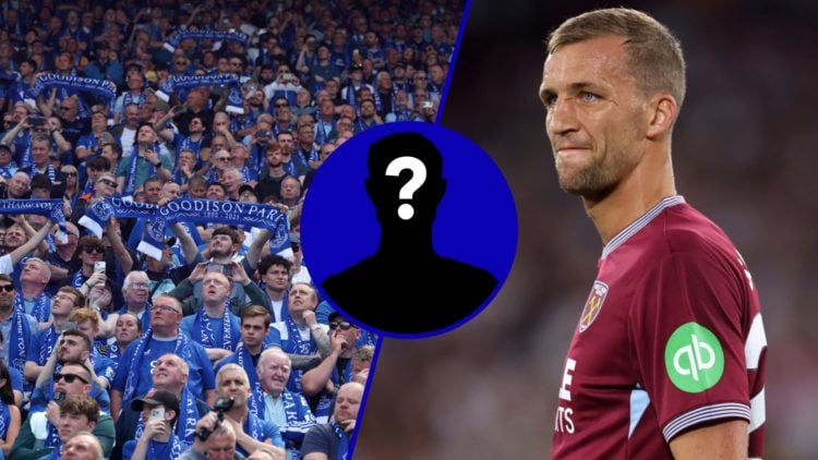 Split image of Everton fans at Goodison Park and West Ham's Tomas Soucek. Inset, EN mystery player.