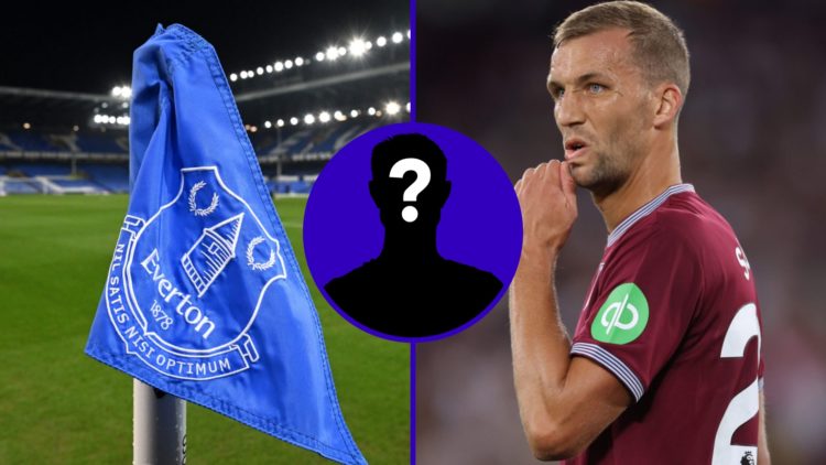Everton corner flag at Goodison Park and West Ham midfielder Tomas Soucek. Inset, EN mystery player.