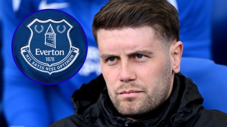 Brighton manager Fabian Hurzeler looking on. Inset, Everton badge.