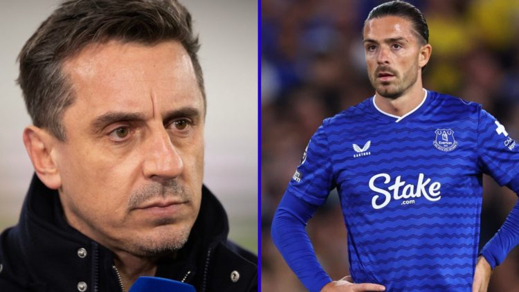 Split image of Sky Sports pundit Gary Neville and Jack Grealish playing for Everton.