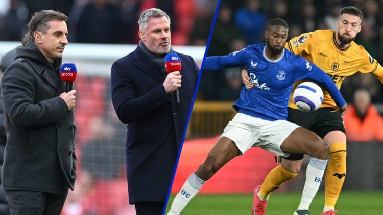 Split image of Sky Sports pundits Gary Neville and Jamie Carragher and Everton playing against Wolves.